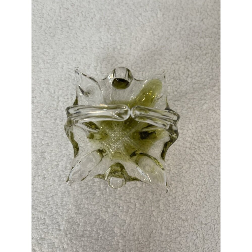 Art Glass Freeform Hand Blown Handled Trinket Dish Green to Clear